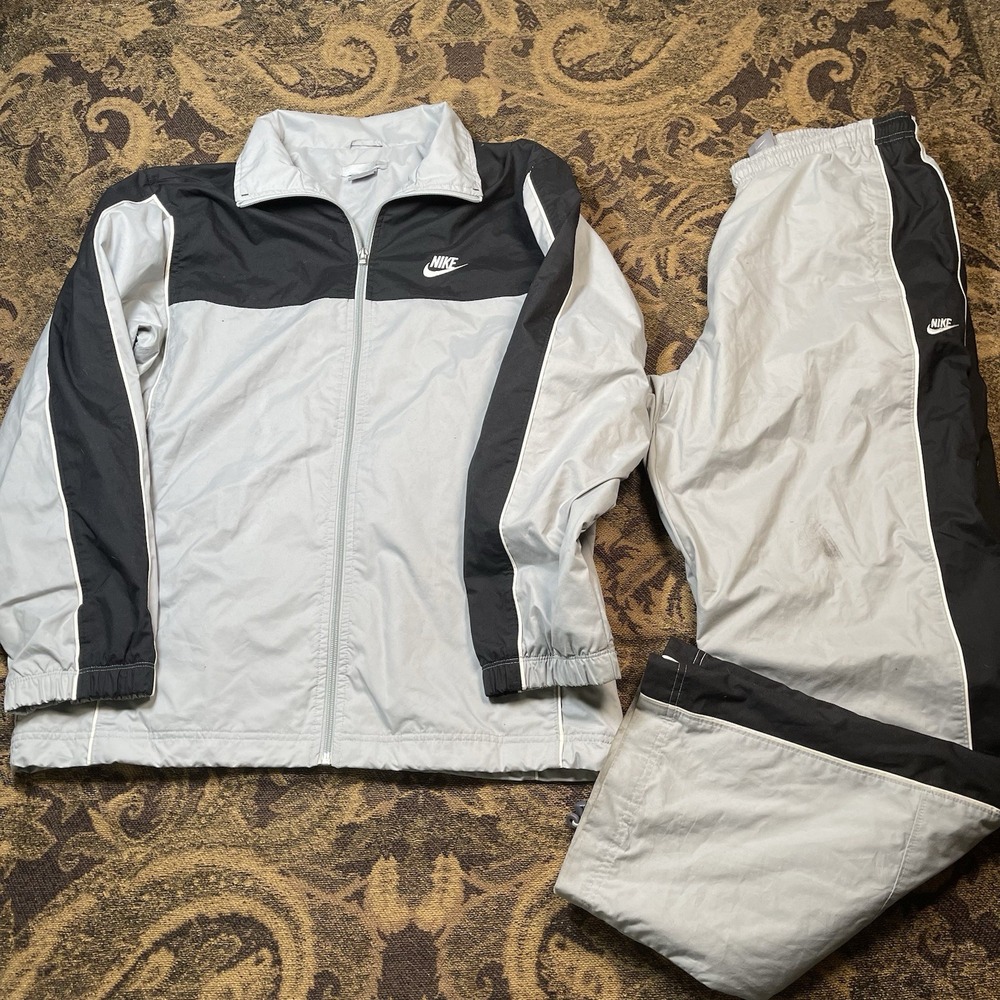 Vintage Nike Track Suit Mens Medium Gray Black Windbreaker Jacket Pants Set Y2K